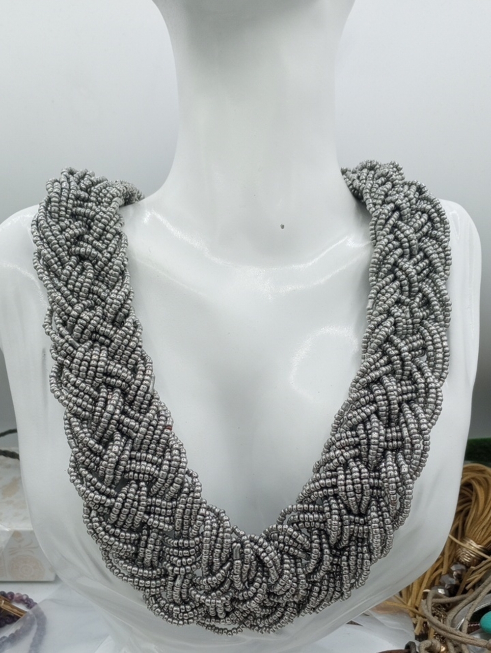 Lux Braided Seed Bead Statement Necklace in Silver Metallic Tone 🌻 22 Inch N413